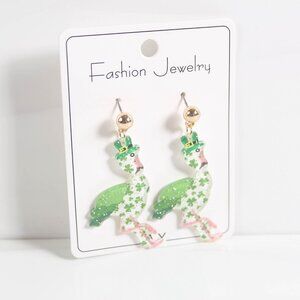 St. Patrick’s Day Flamingo Leprechaun Earrings - NEW